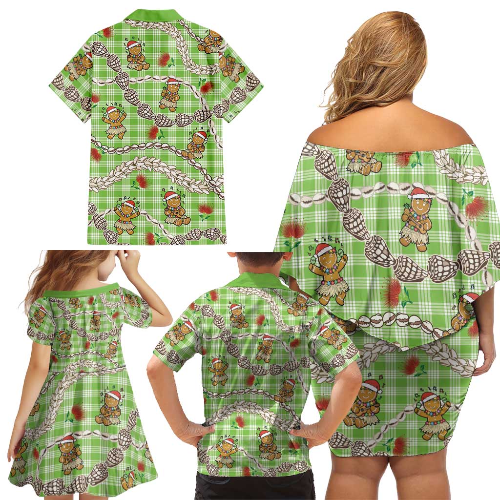 Green Palaka Hawaii Mele Kalikimaka Family Matching Off Shoulder Short Dress and Hawaiian Shirt Ohia Lehua Shell Leis Funny Gingerbread Santa LT14 - Polynesian Pride
