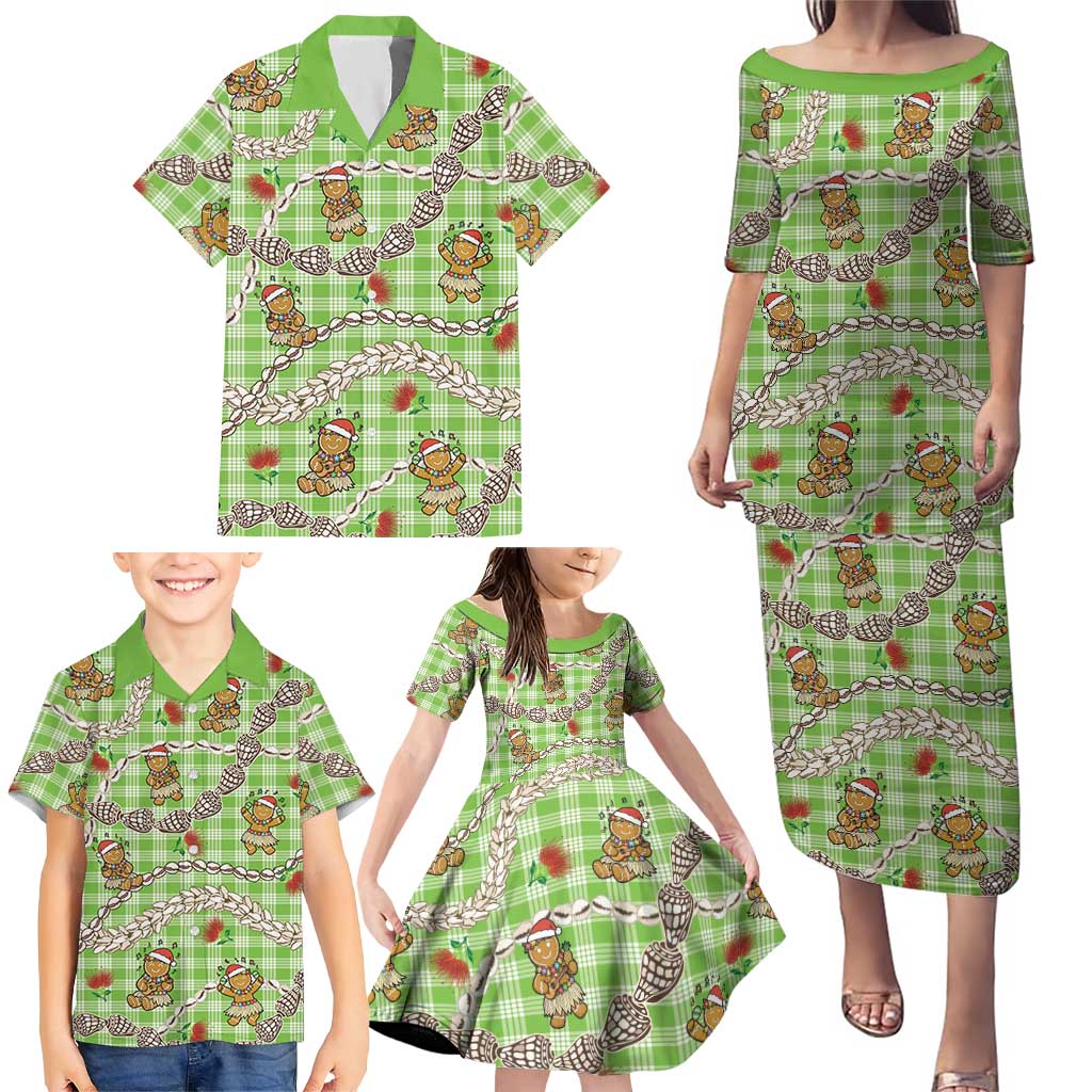 Green Palaka Hawaii Mele Kalikimaka Family Matching Puletasi and Hawaiian Shirt Ohia Lehua Shell Leis Funny Gingerbread Santa - Polynesian Pride