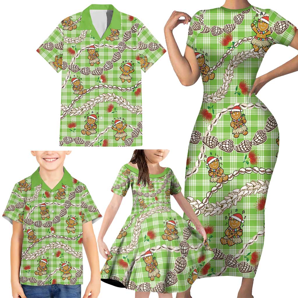 Green Palaka Hawaii Mele Kalikimaka Family Matching Short Sleeve Bodycon Dress and Hawaiian Shirt Ohia Lehua Shell Leis Funny Gingerbread Santa LT14 - Polynesian Pride