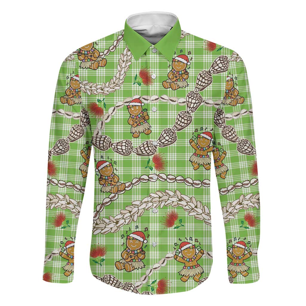 Green Palaka Hawaii Mele Kalikimaka Family Matching Summer Maxi Dress and Hawaiian Shirt Ohia Lehua Shell Leis Funny Gingerbread Santa LT14 Dad's Shirt - Long Sleeve Green - Polynesian Pride