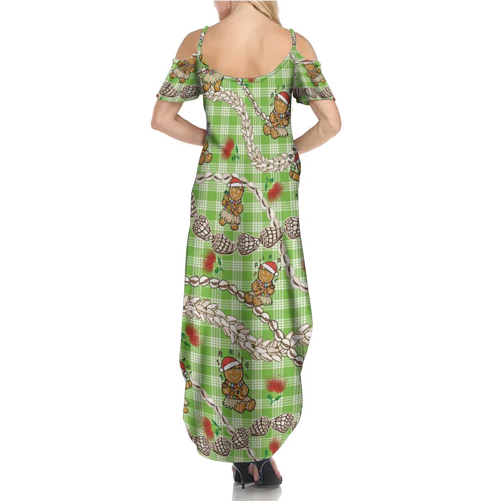 Green Palaka Hawaii Mele Kalikimaka Family Matching Summer Maxi Dress and Hawaiian Shirt Ohia Lehua Shell Leis Funny Gingerbread Santa LT14 - Polynesian Pride