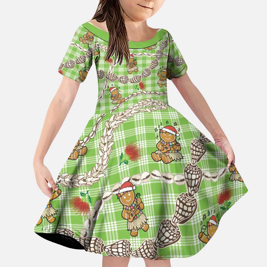 Green Palaka Hawaii Mele Kalikimaka Family Matching Tank Maxi Dress and Hawaiian Shirt Ohia Lehua Shell Leis Funny Gingerbread Santa LT14 Daughter's Dress Green - Polynesian Pride