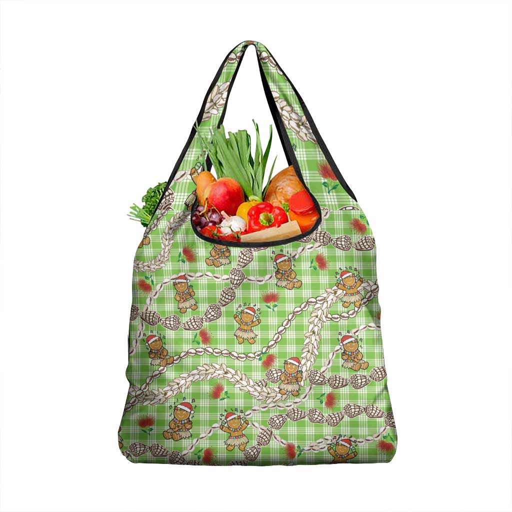 Green Palaka Hawaii Mele Kalikimaka Grocery Bag Ohia Lehua Shell Leis Funny Gingerbread Santa - Polynesian Pride