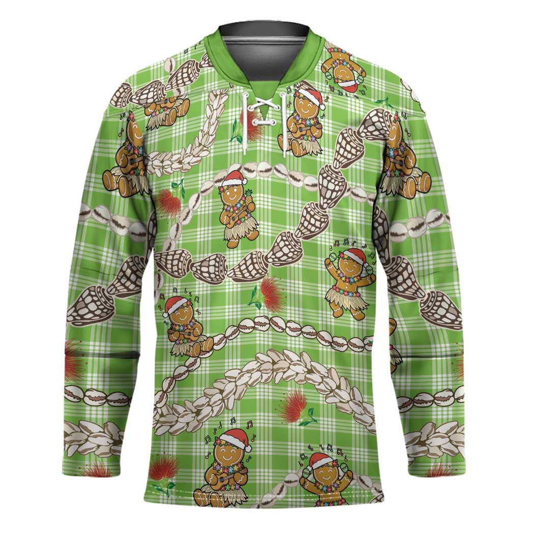 Green Palaka Hawaii Mele Kalikimaka Hockey Jersey Ohia Lehua Shell Leis Funny Gingerbread Santa - Polynesian Pride