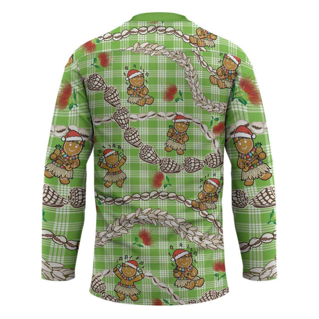 Green Palaka Hawaii Mele Kalikimaka Hockey Jersey Ohia Lehua Shell Leis Funny Gingerbread Santa - Polynesian Pride