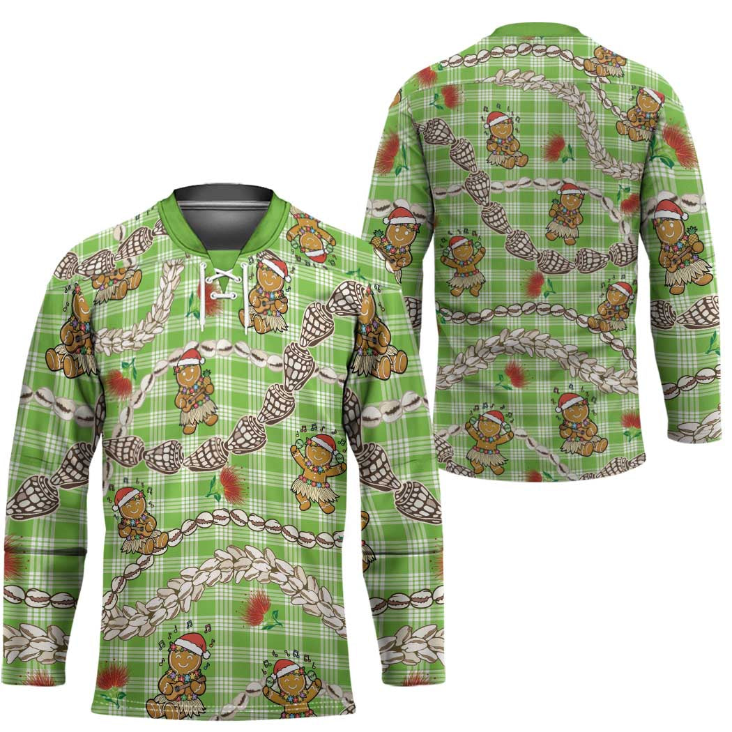 Green Palaka Hawaii Mele Kalikimaka Hockey Jersey Ohia Lehua Shell Leis Funny Gingerbread Santa - Polynesian Pride