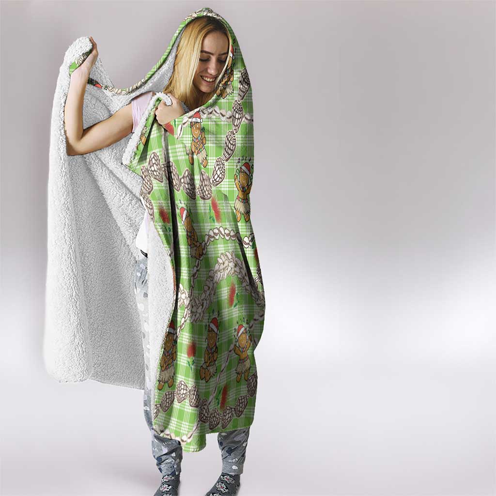 Green Palaka Hawaii Mele Kalikimaka Hooded Blanket Ohia Lehua Shell Leis Funny Gingerbread Santa - Polynesian Pride
