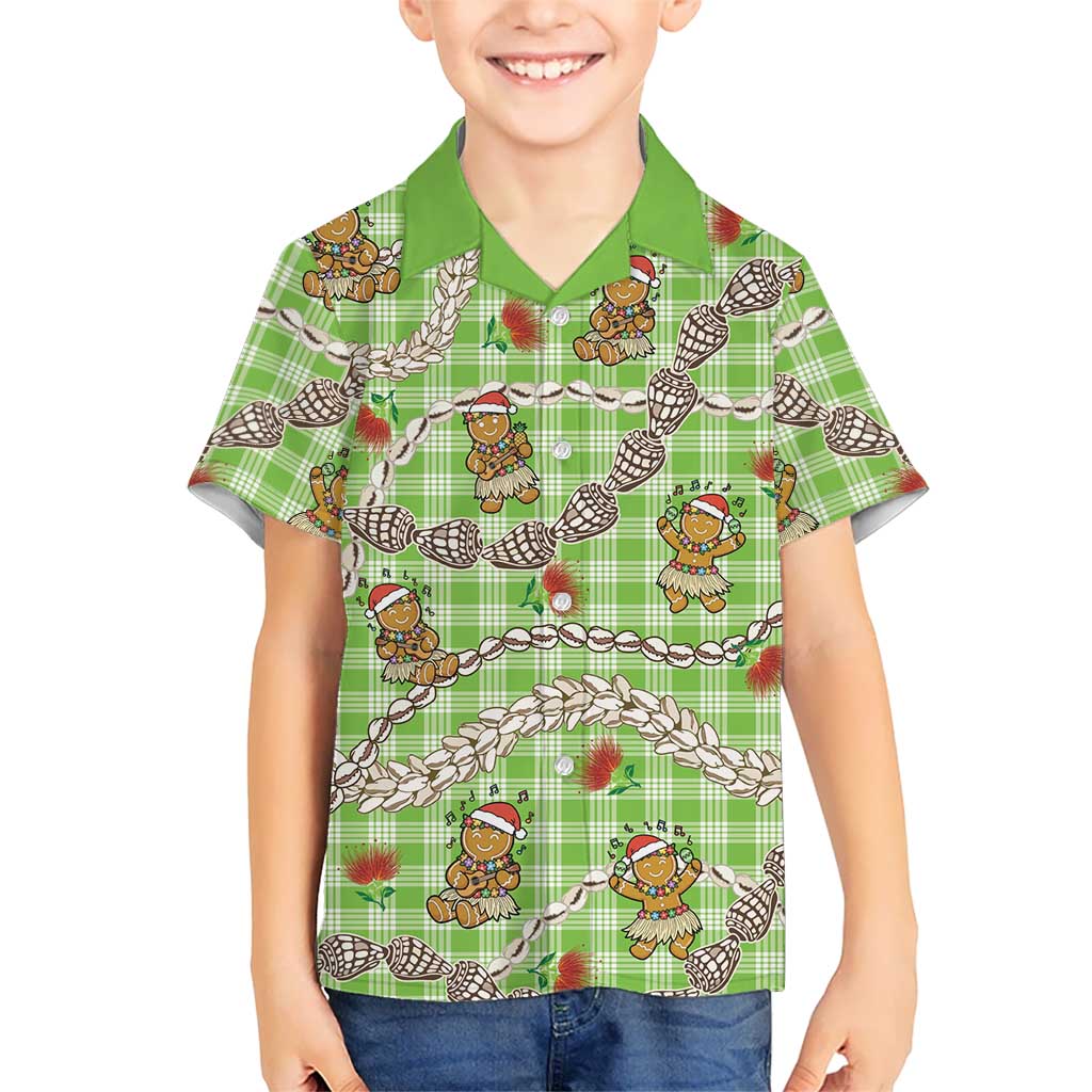 Green Palaka Hawaii Mele Kalikimaka Kid Hawaiian Shirt Ohia Lehua Shell Leis Funny Gingerbread Santa - Polynesian Pride