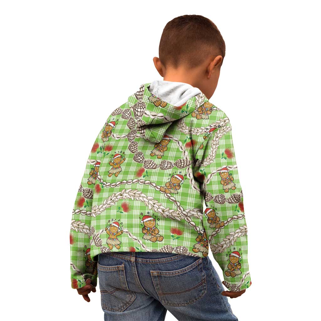 Green Palaka Hawaii Mele Kalikimaka Kid Hoodie Ohia Lehua Shell Leis Funny Gingerbread Santa - Polynesian Pride