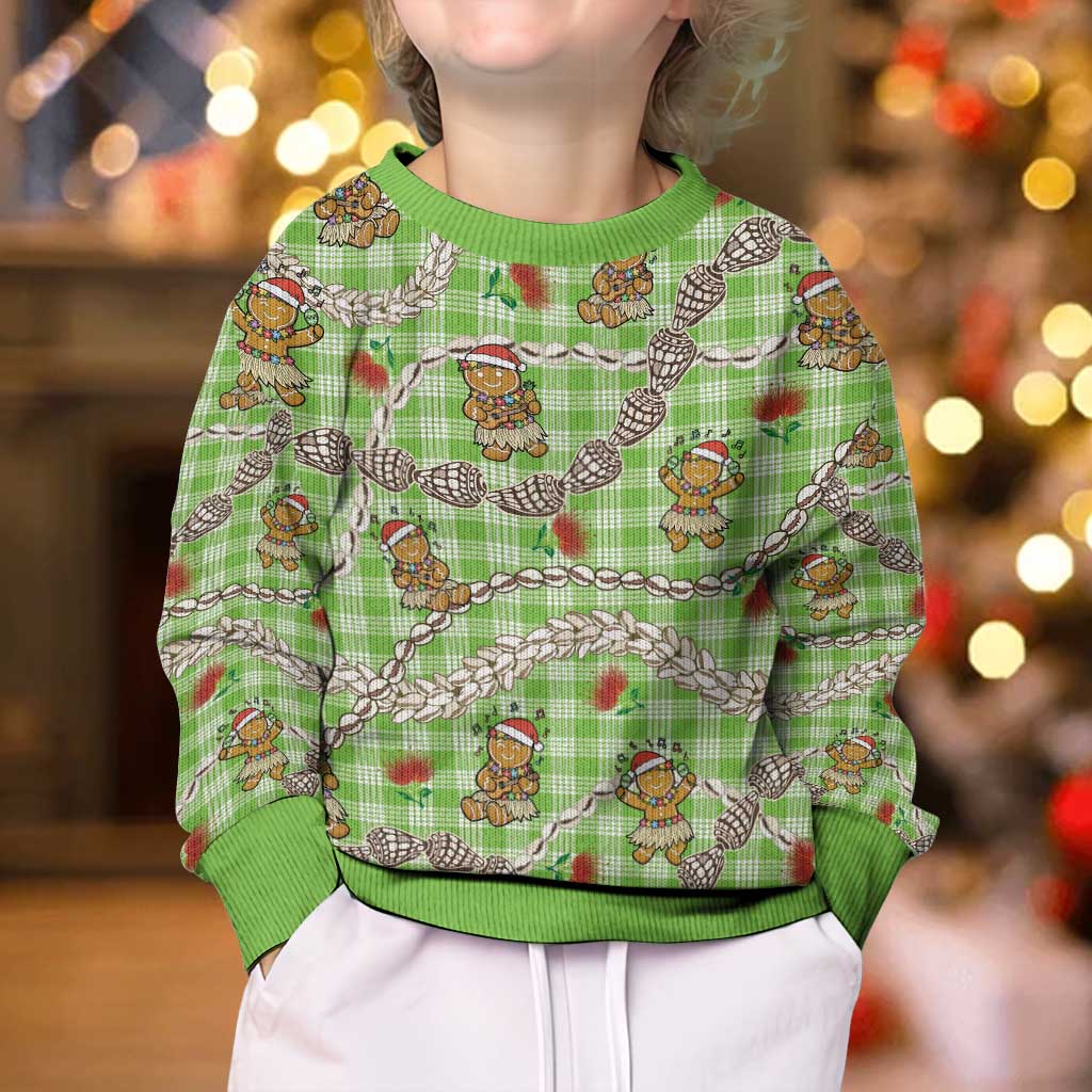 Green Palaka Hawaii Mele Kalikimaka Kid Ugly Christmas Sweater Ohia Lehua Shell Leis Funny Gingerbread Santa - Polynesian Pride