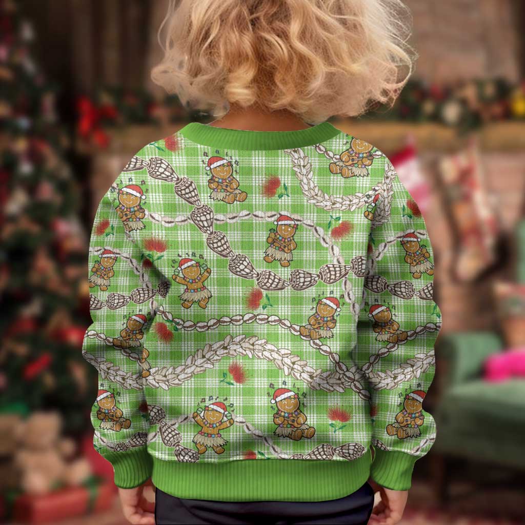 Green Palaka Hawaii Mele Kalikimaka Kid Ugly Christmas Sweater Ohia Lehua Shell Leis Funny Gingerbread Santa - Polynesian Pride