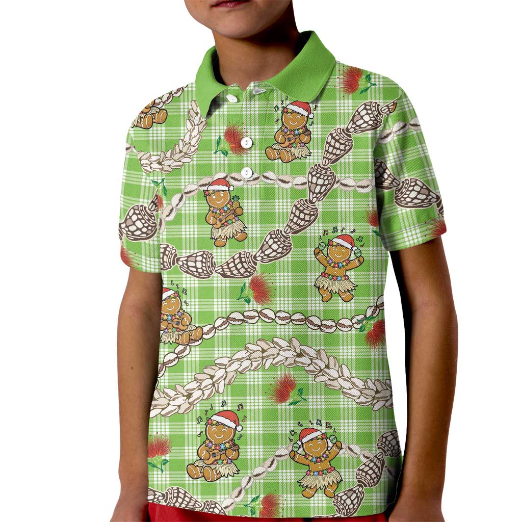 Green Palaka Hawaii Mele Kalikimaka Kid Polo Shirt Ohia Lehua Shell Leis Funny Gingerbread Santa - Polynesian Pride
