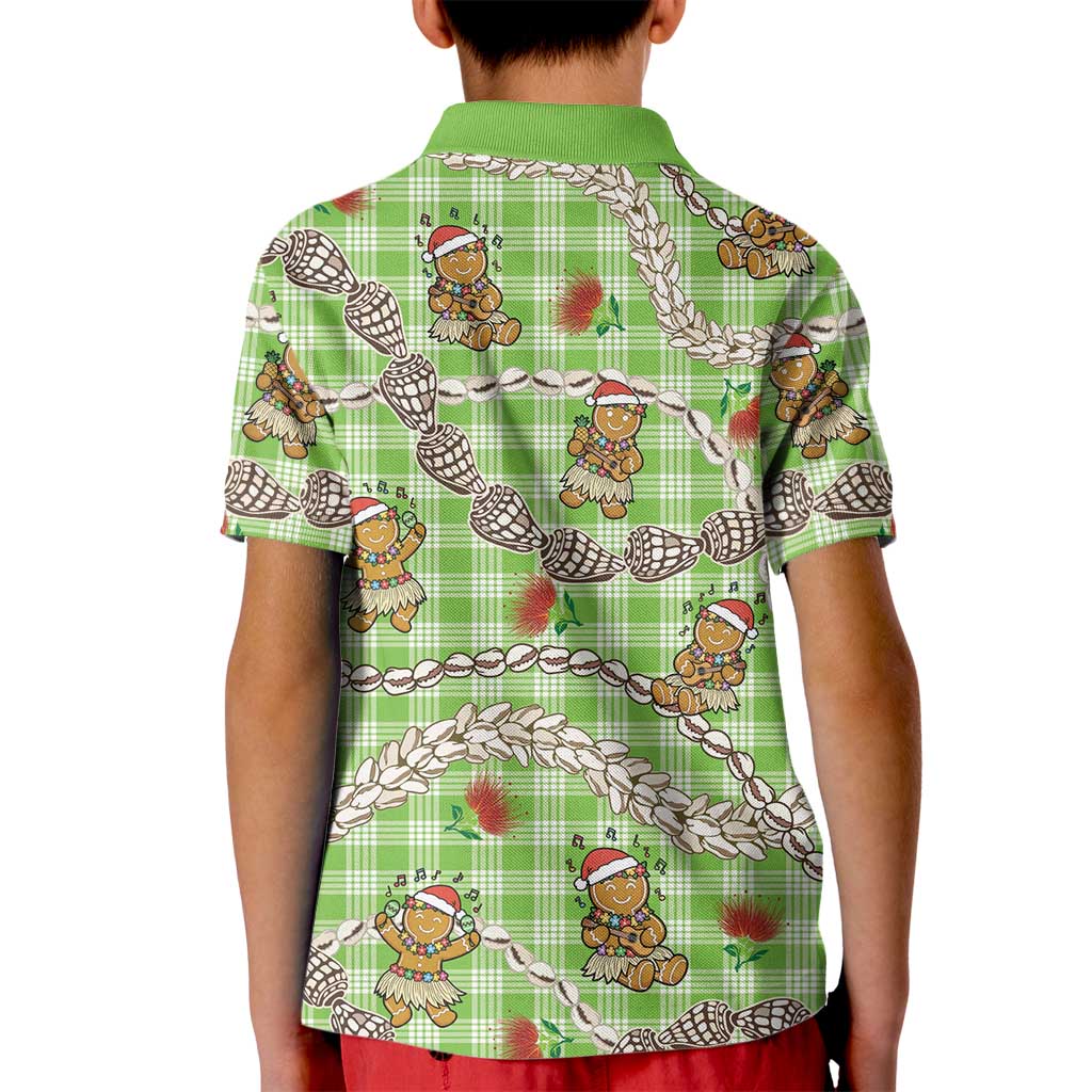 Green Palaka Hawaii Mele Kalikimaka Kid Polo Shirt Ohia Lehua Shell Leis Funny Gingerbread Santa - Polynesian Pride
