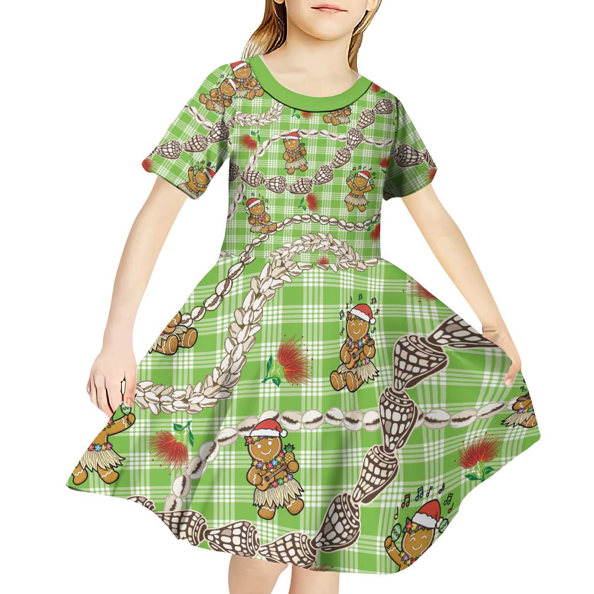 Green Palaka Hawaii Mele Kalikimaka Kid Short Sleeve Dress Ohia Lehua Shell Leis Funny Gingerbread Santa LT14 - Polynesian Pride