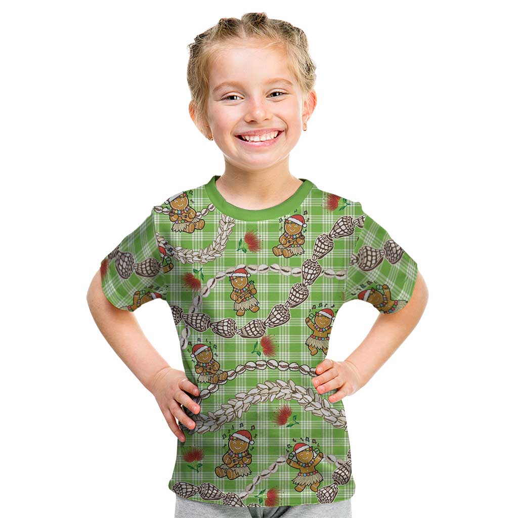 Green Palaka Hawaii Mele Kalikimaka Kid T Shirt Ohia Lehua Shell Leis Funny Gingerbread Santa - Polynesian Pride