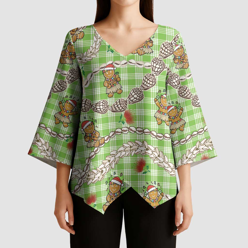 Green Palaka Hawaii Mele Kalikimaka Kimono Sleeve Blouse Ohia Lehua Shell Leis Funny Gingerbread Santa - Polynesian Pride