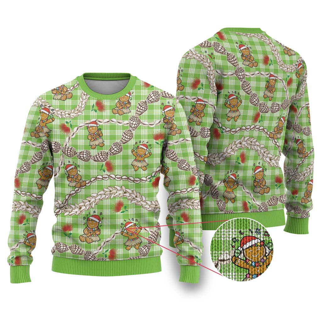 Green Palaka Hawaii Mele Kalikimaka Ugly Christmas Sweater Ohia Lehua Shell Leis Funny Gingerbread Santa - Polynesian Pride