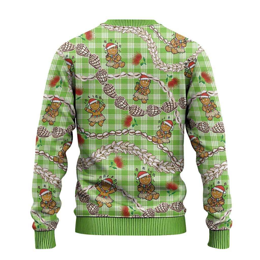 Green Palaka Hawaii Mele Kalikimaka Ugly Christmas Sweater Ohia Lehua Shell Leis Funny Gingerbread Santa - Polynesian Pride