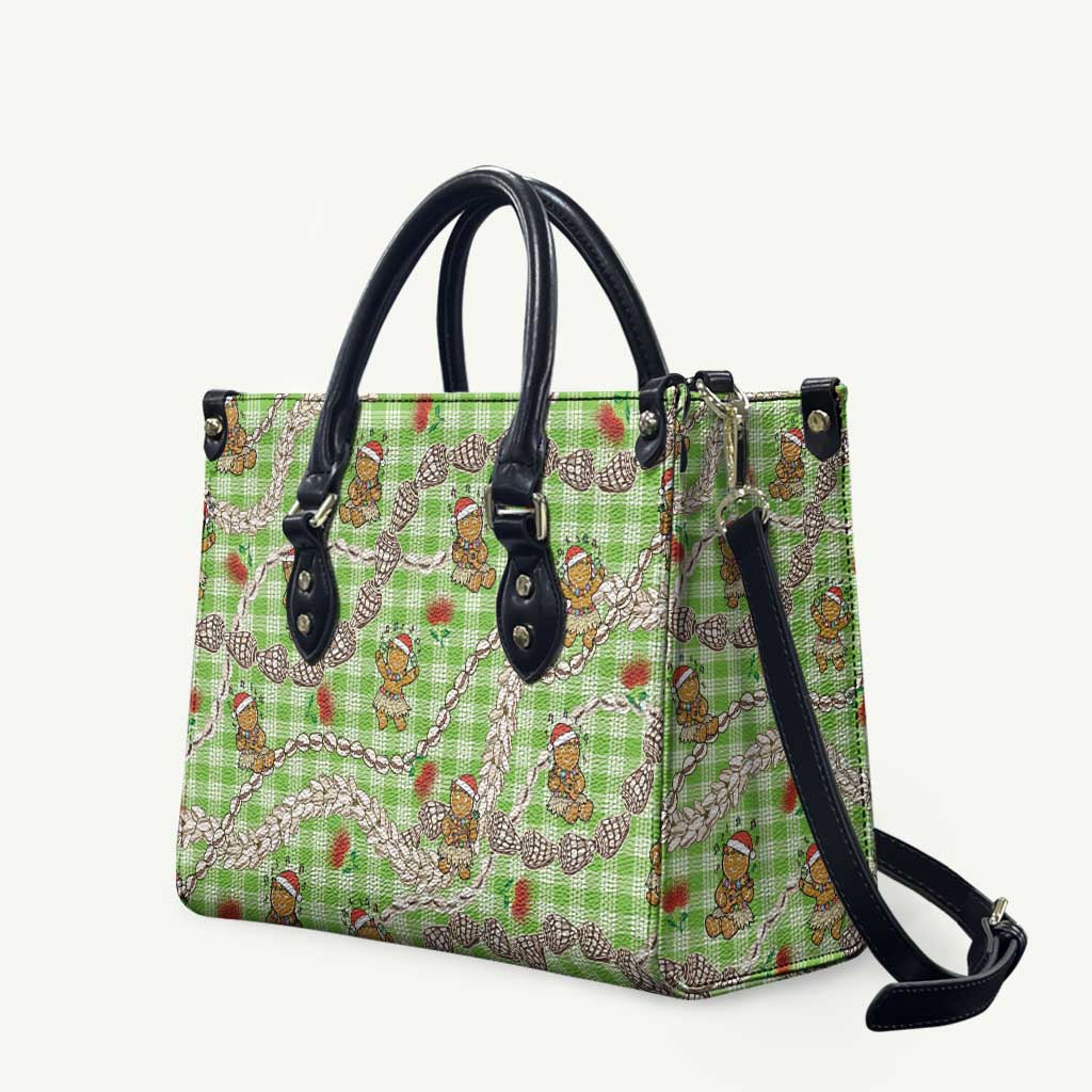 Green Palaka Hawaii Mele Kalikimaka Leather Bag Ohia Lehua Shell Leis Funny Gingerbread Santa - Polynesian Pride