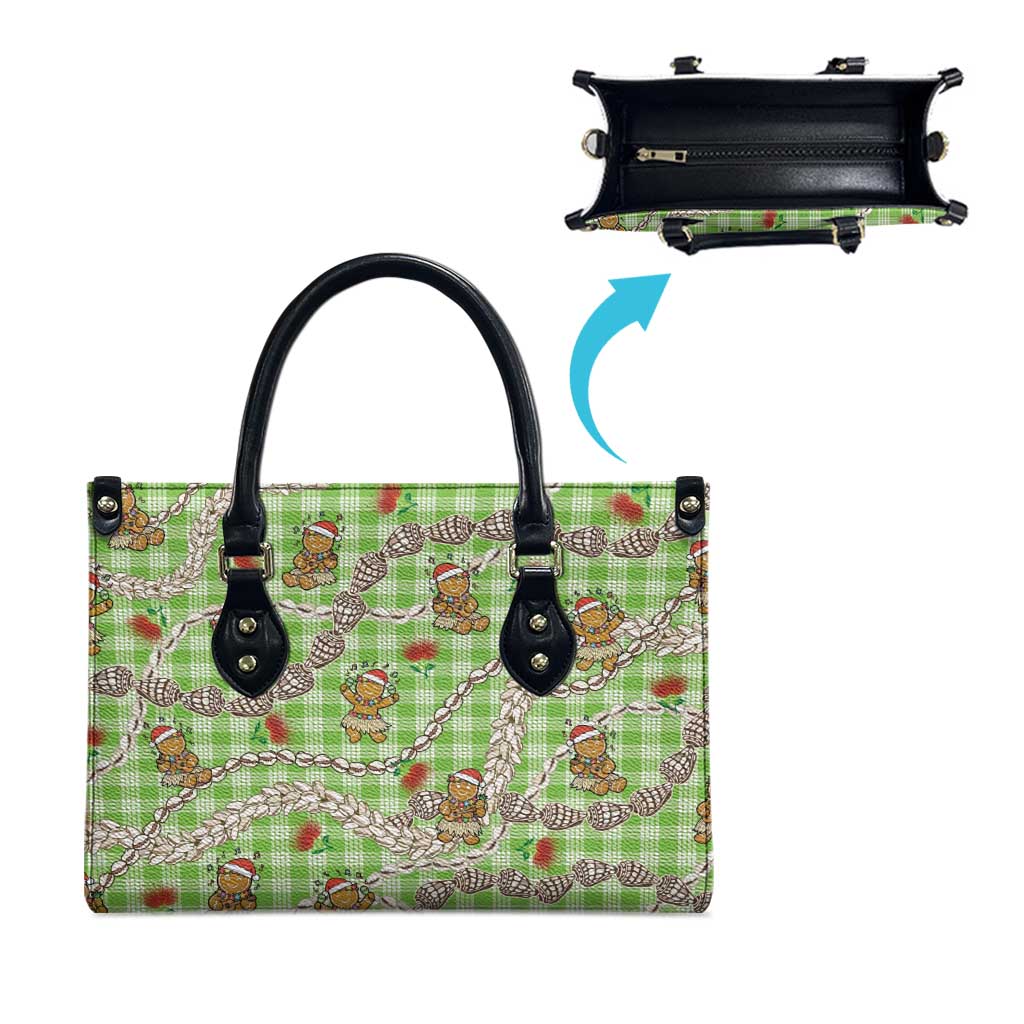 Green Palaka Hawaii Mele Kalikimaka Leather Bag Ohia Lehua Shell Leis Funny Gingerbread Santa - Polynesian Pride