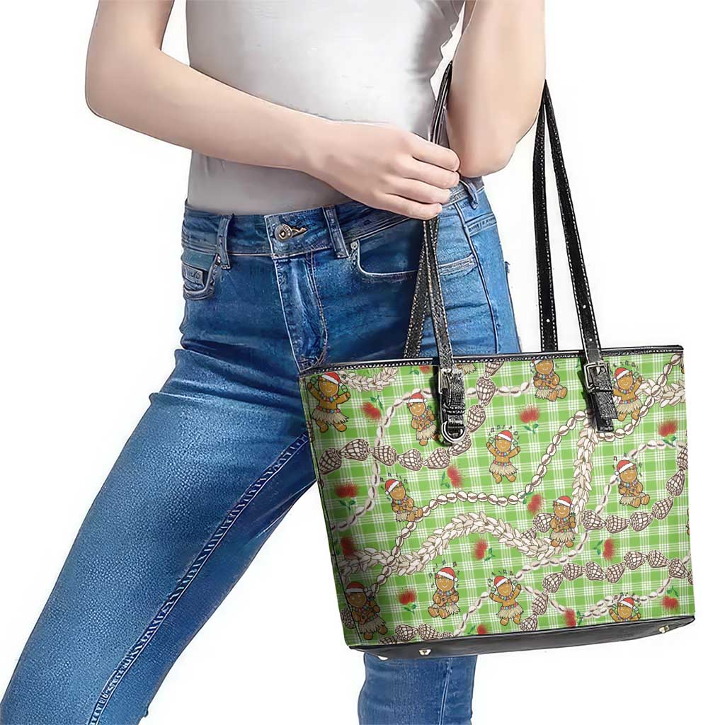 Green Palaka Hawaii Mele Kalikimaka Leather Tote Bag Ohia Lehua Shell Leis Funny Gingerbread Santa - Polynesian Pride