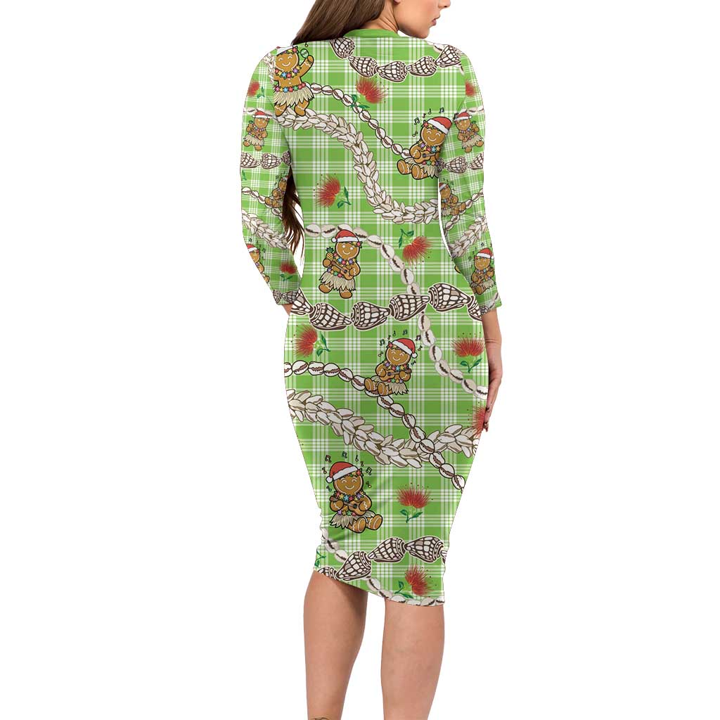 Green Palaka Hawaii Mele Kalikimaka Long Sleeve Bodycon Dress Ohia Lehua Shell Leis Funny Gingerbread Santa - Polynesian Pride