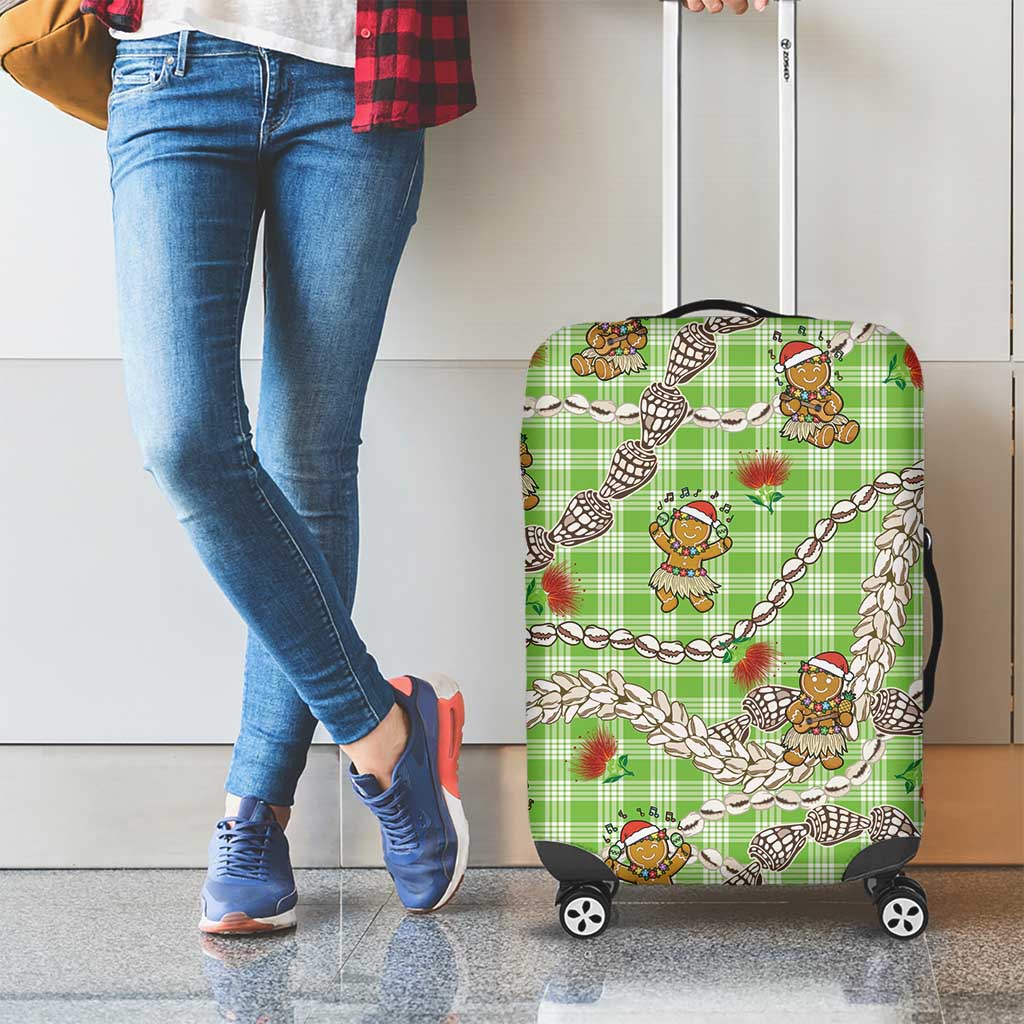 Green Palaka Hawaii Mele Kalikimaka Luggage Cover Ohia Lehua Shell Leis Funny Gingerbread Santa - Polynesian Pride