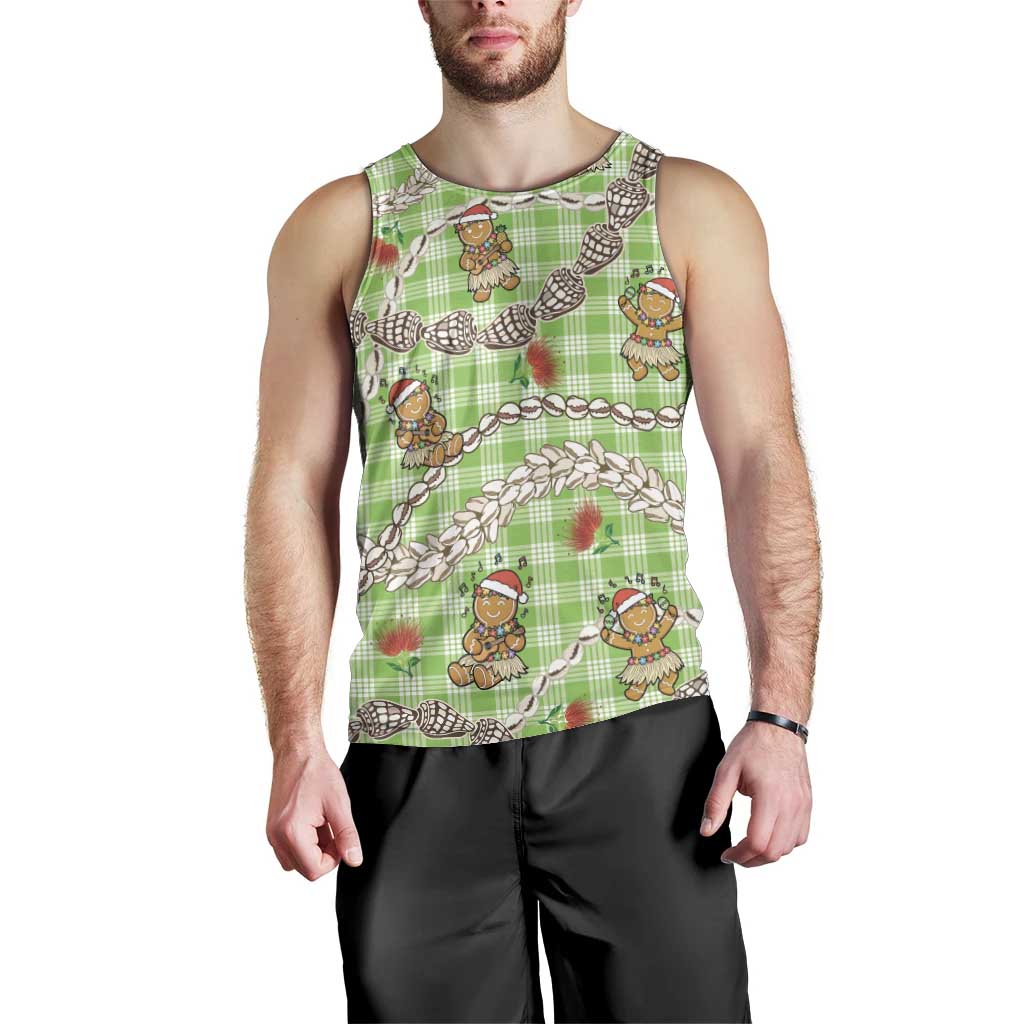 Green Palaka Hawaii Mele Kalikimaka Men Tank Top Ohia Lehua Shell Leis Funny Gingerbread Santa - Polynesian Pride