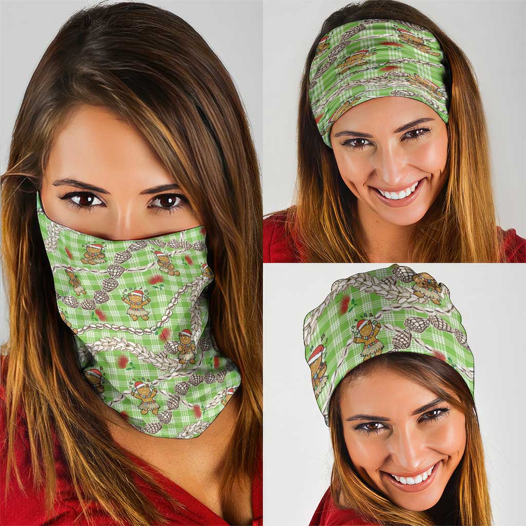 Green Palaka Hawaii Mele Kalikimaka Neck Gaiter Ohia Lehua Shell Leis Funny Gingerbread Santa - Polynesian Pride