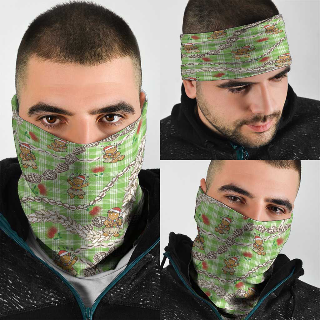 Green Palaka Hawaii Mele Kalikimaka Neck Gaiter Ohia Lehua Shell Leis Funny Gingerbread Santa - Polynesian Pride