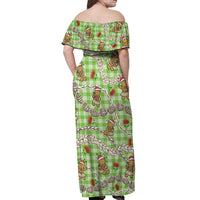 Green Palaka Hawaii Mele Kalikimaka Off Shoulder Maxi Dress Ohia Lehua Shell Leis Funny Gingerbread Santa - Polynesian Pride
