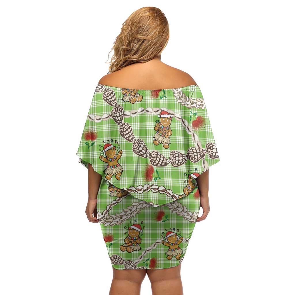 Green Palaka Hawaii Mele Kalikimaka Off Shoulder Short Dress Ohia Lehua Shell Leis Funny Gingerbread Santa - Polynesian Pride