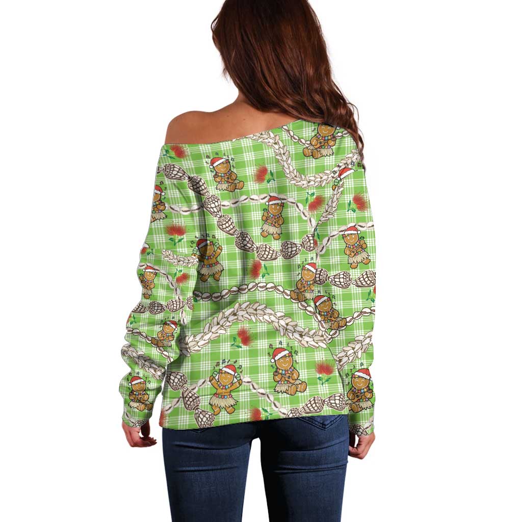 Green Palaka Hawaii Mele Kalikimaka Off Shoulder Sweater Ohia Lehua Shell Leis Funny Gingerbread Santa - Polynesian Pride
