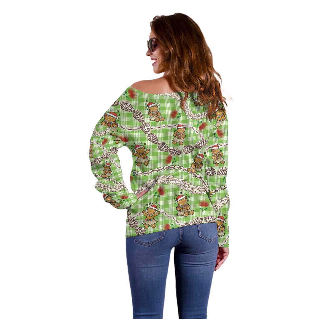 Green Palaka Hawaii Mele Kalikimaka Off Shoulder Sweater Ohia Lehua Shell Leis Funny Gingerbread Santa - Polynesian Pride