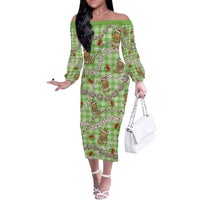 Green Palaka Hawaii Mele Kalikimaka Off The Shoulder Long Sleeve Dress Ohia Lehua Shell Leis Funny Gingerbread Santa - Polynesian Pride