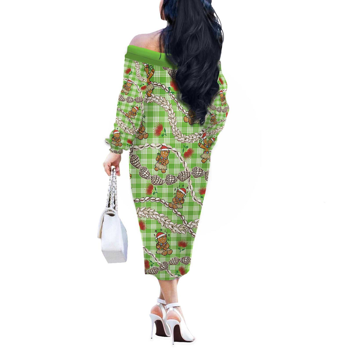 Green Palaka Hawaii Mele Kalikimaka Off The Shoulder Long Sleeve Dress Ohia Lehua Shell Leis Funny Gingerbread Santa - Polynesian Pride