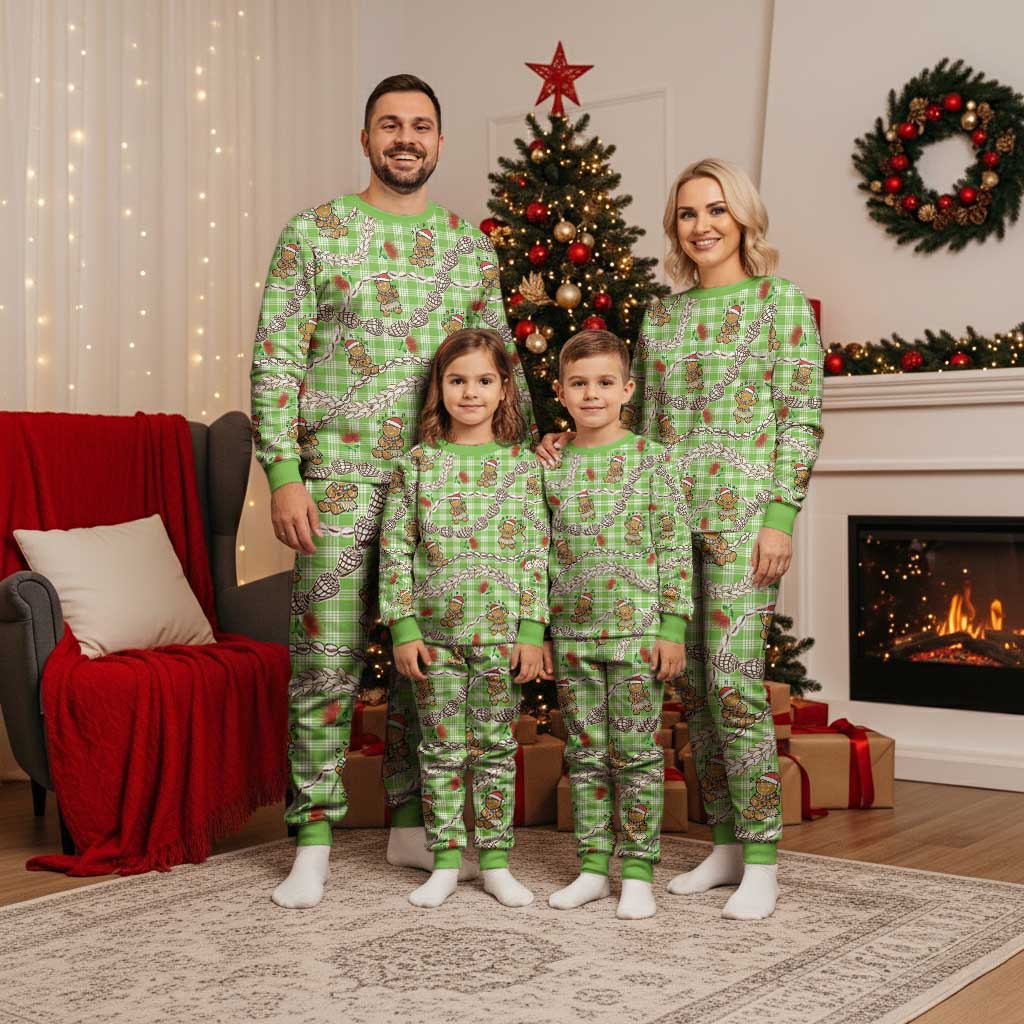 Green Palaka Hawaii Mele Kalikimaka Christmas Pajama Set Ohia Lehua Shell Leis Funny Gingerbread Santa - Polynesian Pride