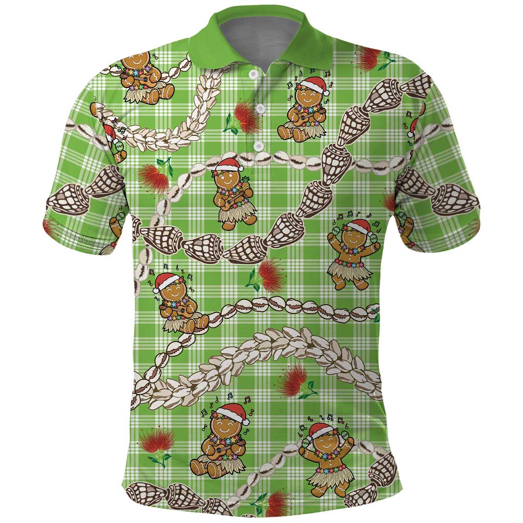 Green Palaka Hawaii Mele Kalikimaka Polo Shirt Ohia Lehua Shell Leis Funny Gingerbread Santa - Polynesian Pride