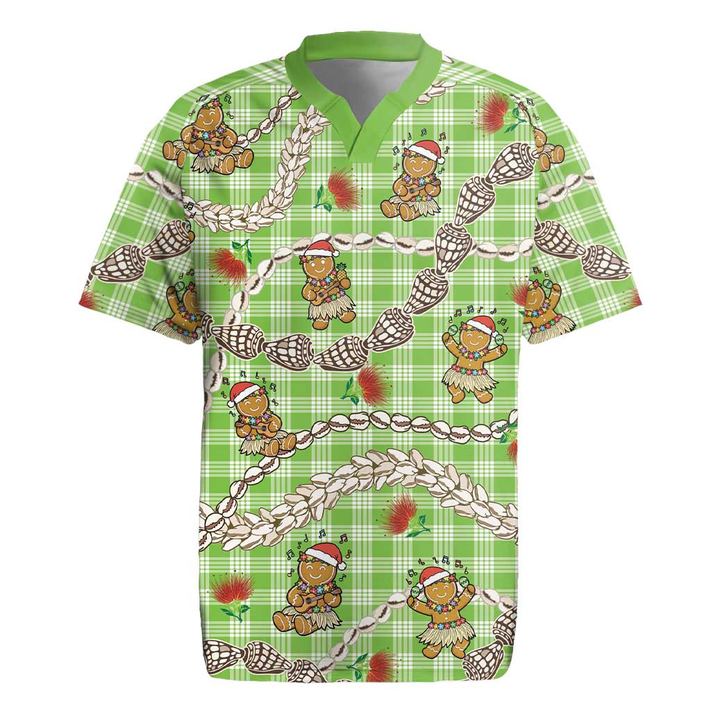 Green Palaka Hawaii Mele Kalikimaka Rugby Jersey Ohia Lehua Shell Leis Funny Gingerbread Santa - Polynesian Pride
