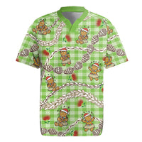 Green Palaka Hawaii Mele Kalikimaka Rugby Jersey Ohia Lehua Shell Leis Funny Gingerbread Santa - Polynesian Pride