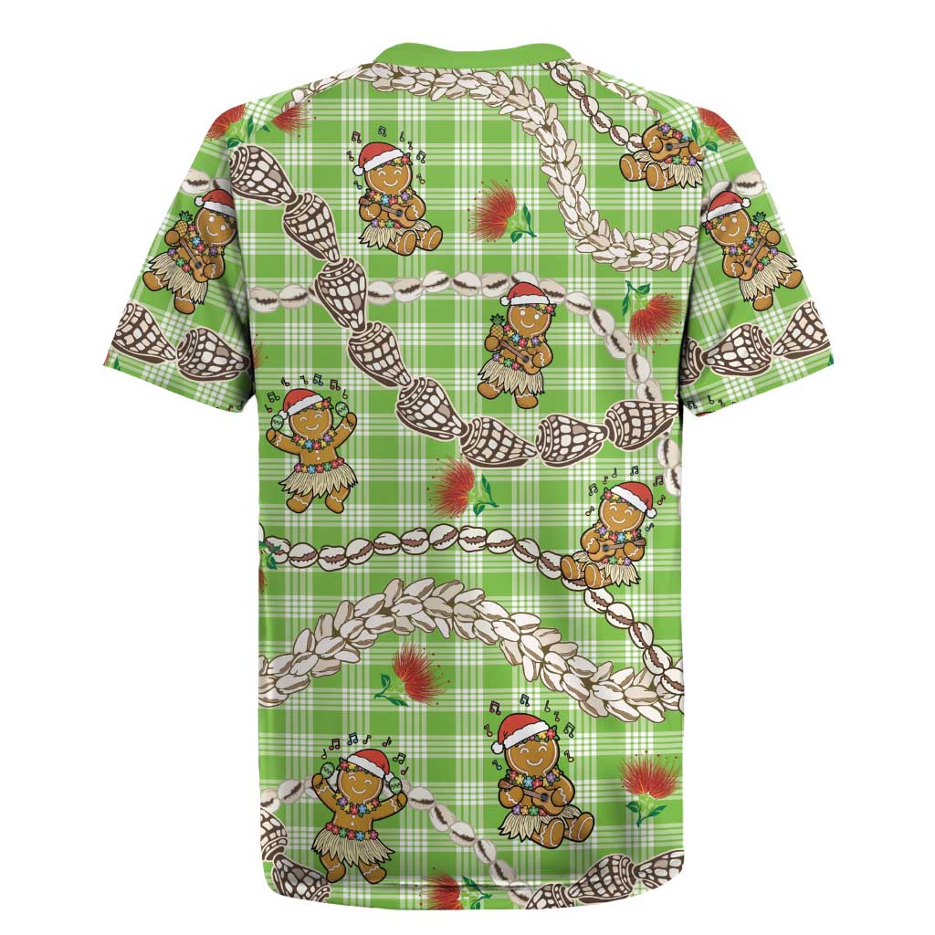 Green Palaka Hawaii Mele Kalikimaka Rugby Jersey Ohia Lehua Shell Leis Funny Gingerbread Santa - Polynesian Pride