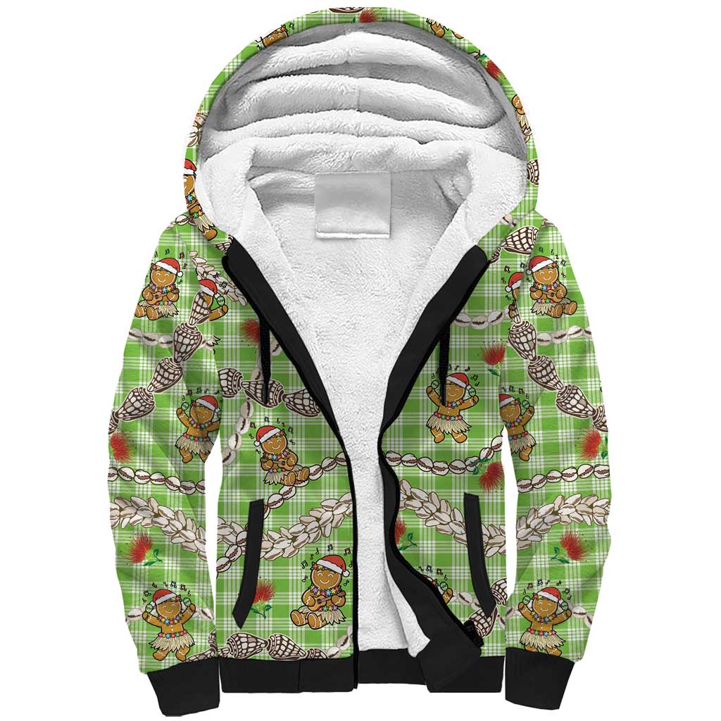 Green Palaka Hawaii Mele Kalikimaka Sherpa Hoodie Ohia Lehua Shell Leis Funny Gingerbread Santa - Polynesian Pride