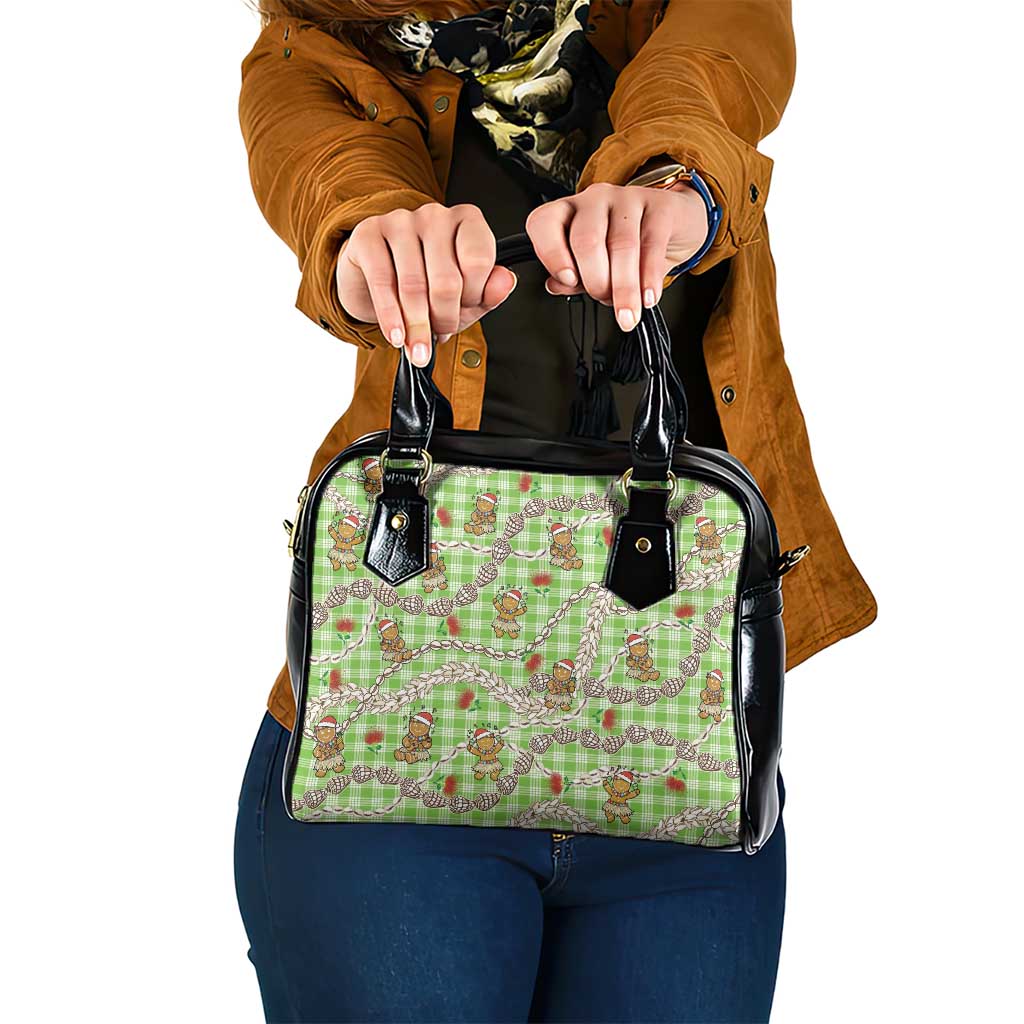 Green Palaka Hawaii Mele Kalikimaka Shoulder Handbag Ohia Lehua Shell Leis Funny Gingerbread Santa - Polynesian Pride