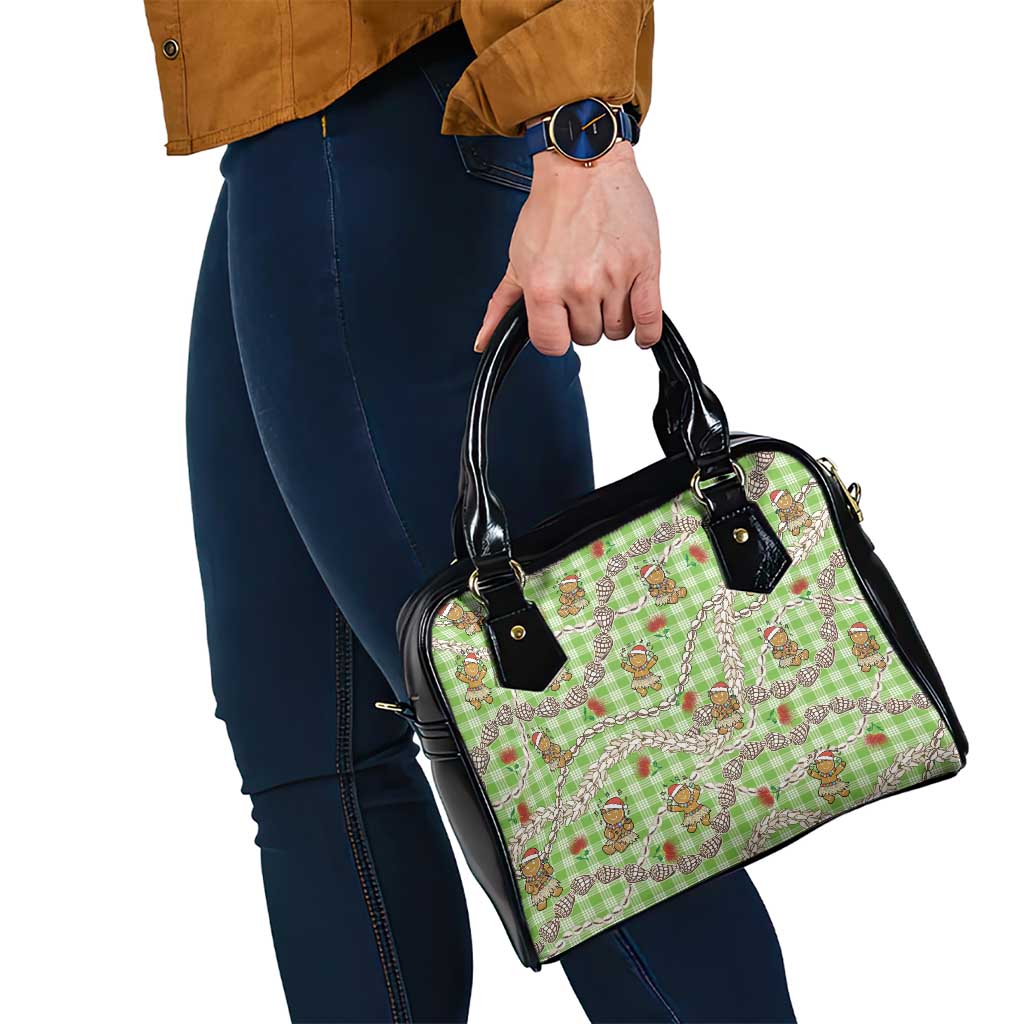 Green Palaka Hawaii Mele Kalikimaka Shoulder Handbag Ohia Lehua Shell Leis Funny Gingerbread Santa - Polynesian Pride
