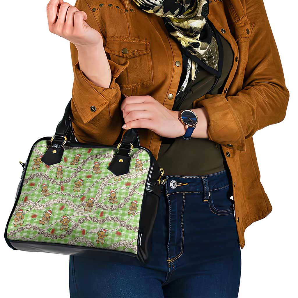 Green Palaka Hawaii Mele Kalikimaka Shoulder Handbag Ohia Lehua Shell Leis Funny Gingerbread Santa - Polynesian Pride
