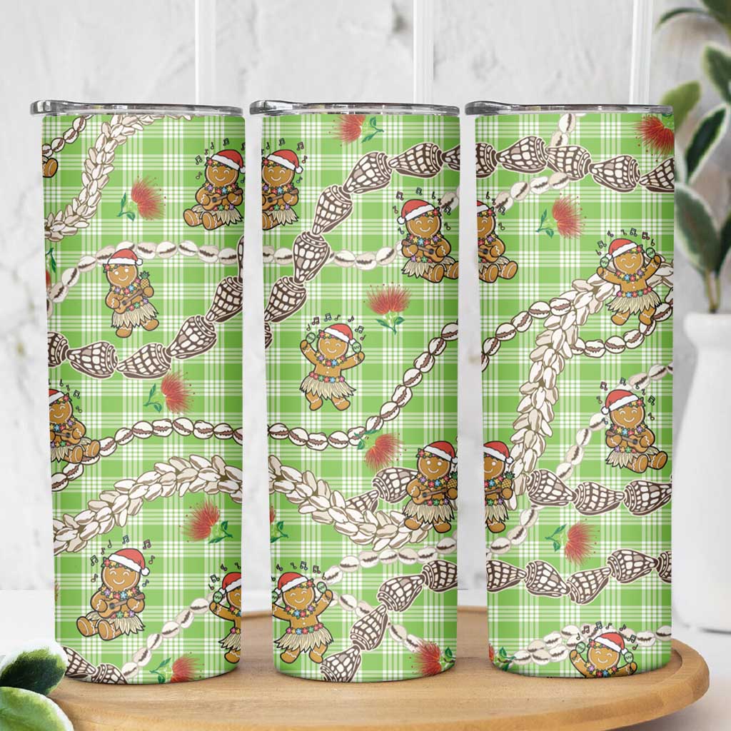 Green Palaka Hawaii Mele Kalikimaka Skinny Tumbler Ohia Lehua Shell Leis Funny Gingerbread Santa LT14 - Polynesian Pride