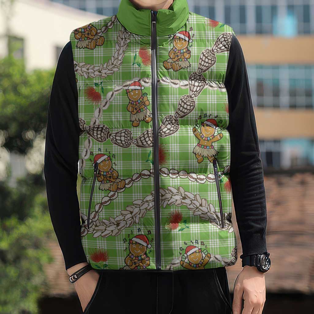 Green Palaka Hawaii Mele Kalikimaka Sleeveless Puffer Jacket Ohia Lehua Shell Leis Funny Gingerbread Santa - Polynesian Pride