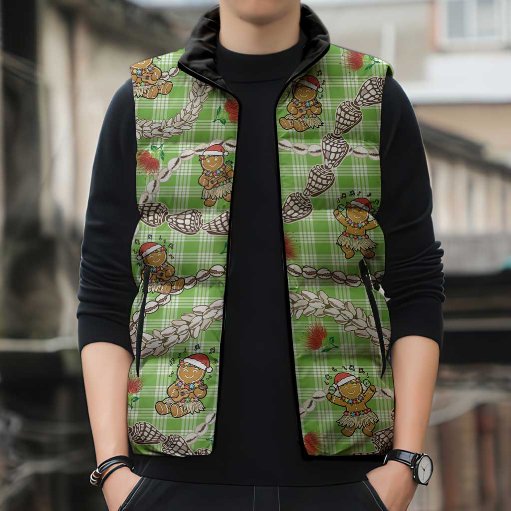 Green Palaka Hawaii Mele Kalikimaka Sleeveless Puffer Jacket Ohia Lehua Shell Leis Funny Gingerbread Santa - Polynesian Pride