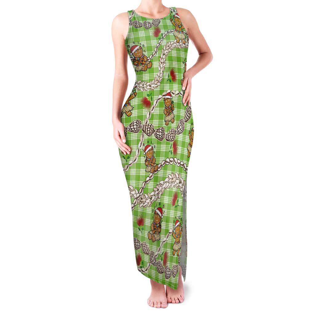 Green Palaka Hawaii Mele Kalikimaka Tank Maxi Dress Ohia Lehua Shell Leis Funny Gingerbread Santa - Polynesian Pride
