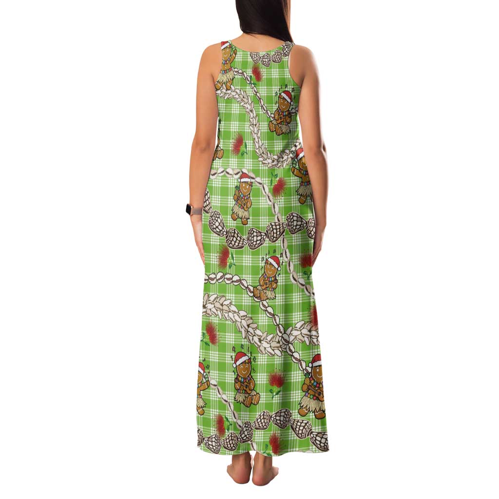 Green Palaka Hawaii Mele Kalikimaka Tank Maxi Dress Ohia Lehua Shell Leis Funny Gingerbread Santa - Polynesian Pride